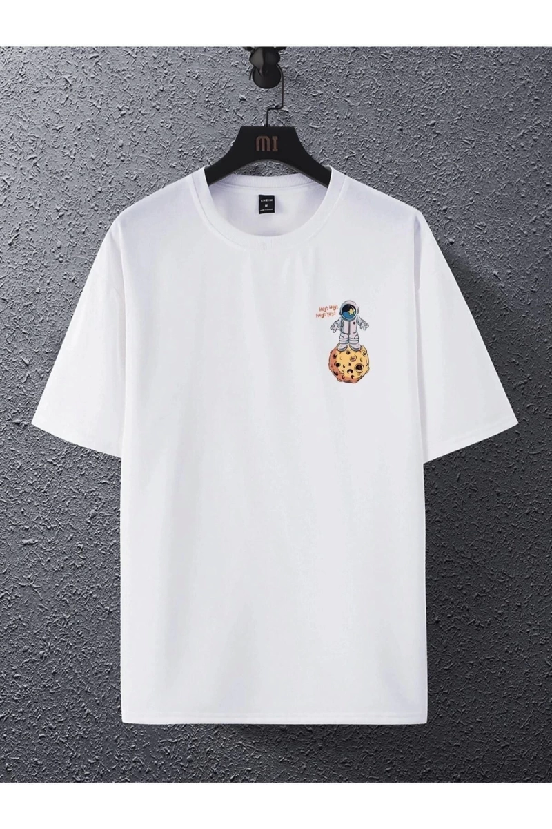 Unisex Beyaz The Galaxy Gezegen Baskılı Oversize Bisiklet Yaka Tshirt