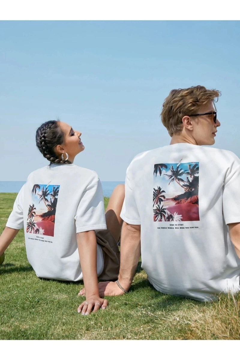 Unisex Beyaz Tropıcal Baskılı 2li Set Sevgili Çift Kombini