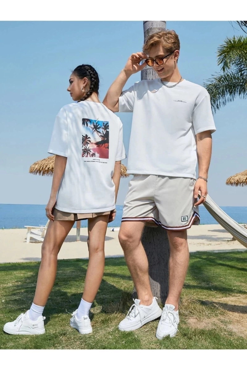 Unisex Beyaz Tropıcal Baskılı 2li Set Sevgili Çift Kombini