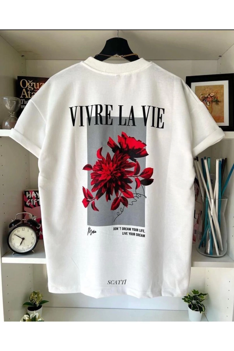 Unisex Beyaz Vivre La Vie Baskılı Oversize Bisiklet Yaka Penye Tişört