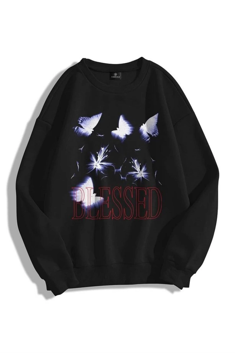Unisex Blessed Bisiklet Yaka Sweatshirt Siyah