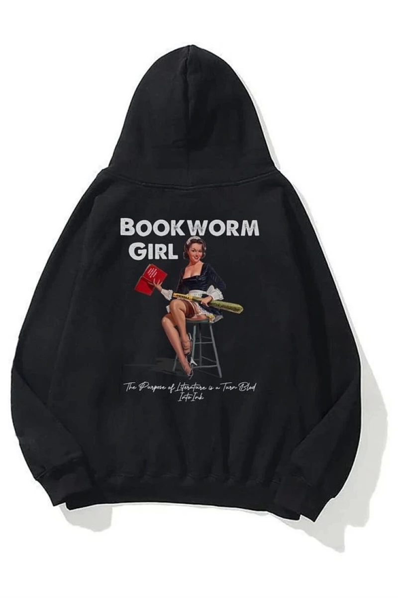 Unisex Bookworm Girl Sweatshirt Hoodie Siyah