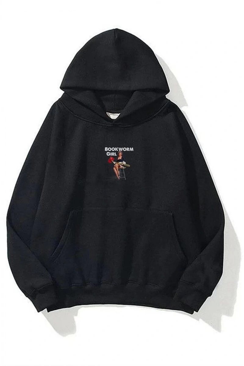 Unisex Bookworm Girl Sweatshirt Hoodie Siyah