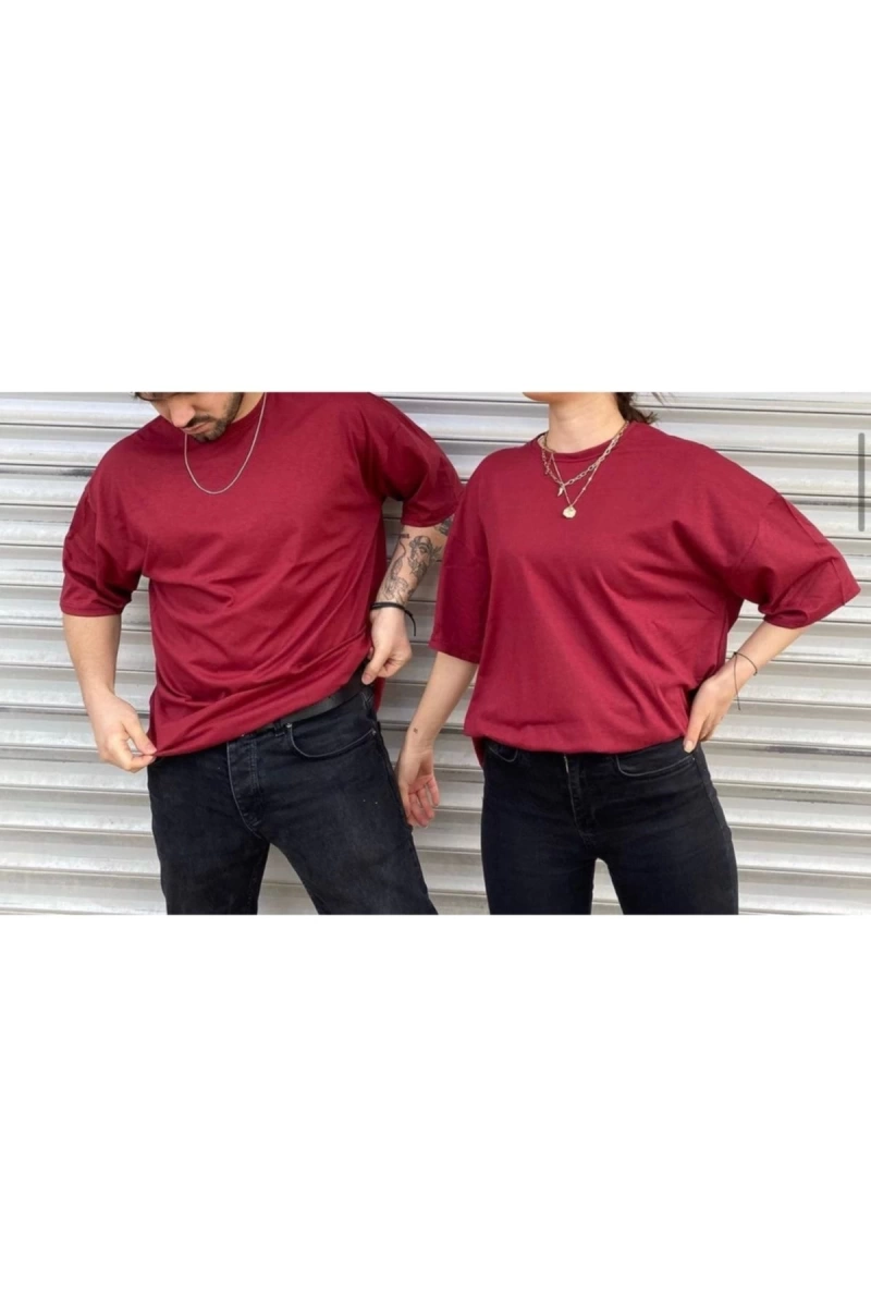 Unisex Bordo Bisiklet Yaka Sevgili Kombin 2 Li Paket Tshirt