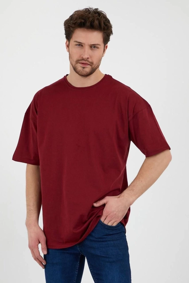 Unisex Bordo Bol Kesim Oversize Pamuklu Tshirt
