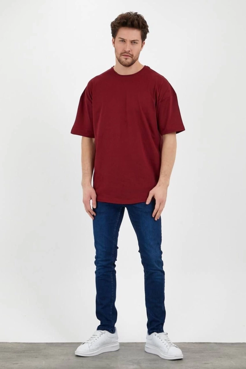 Unisex Bordo Bol Kesim Oversize Pamuklu Tshirt