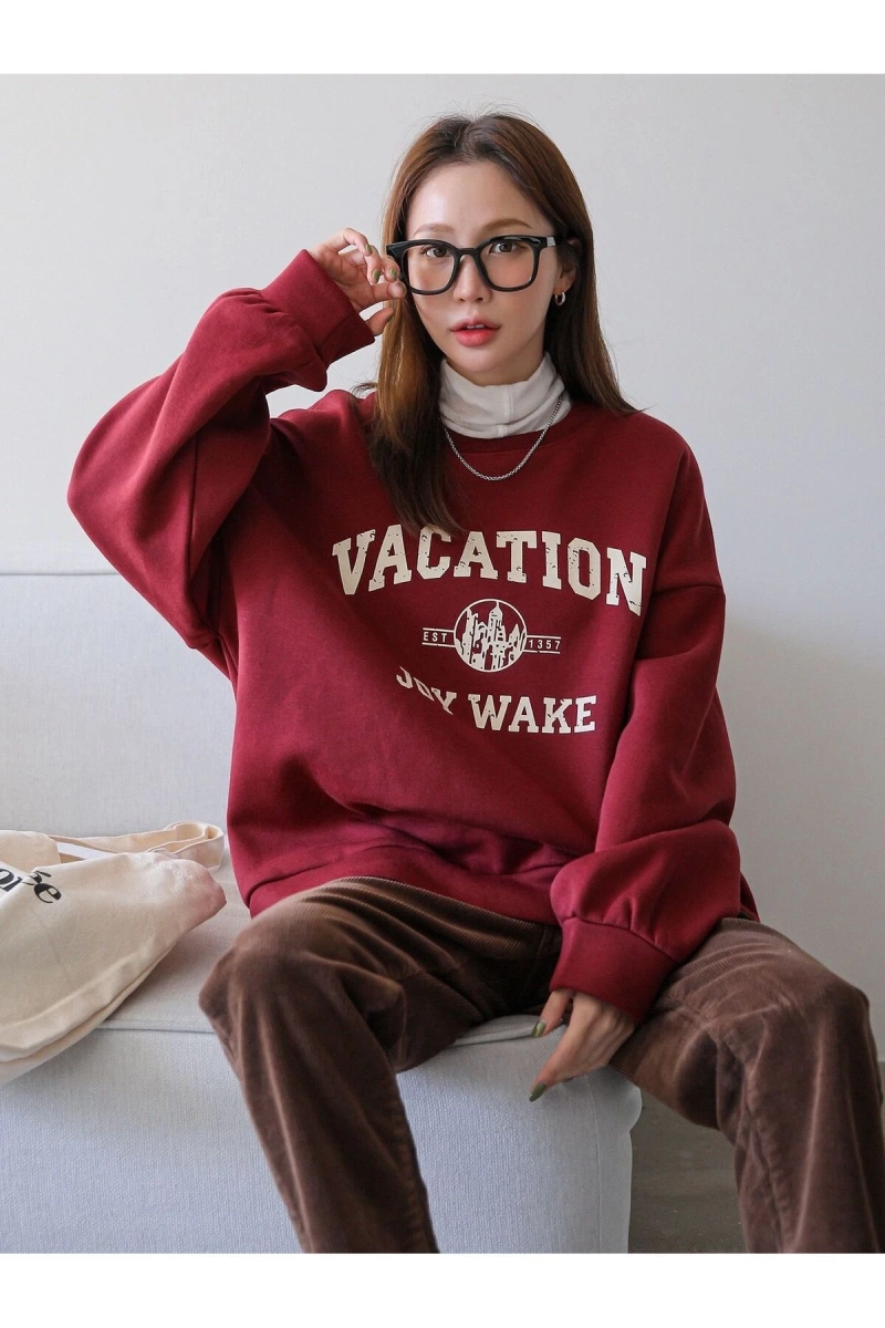 Unisex Bordo Vacation Joy Wake Baskılı Oversize Bisiklet Yaka Sweatshirt