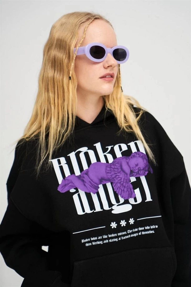 Unisex Broken Angel Sweatshirt Hoodie Siyah