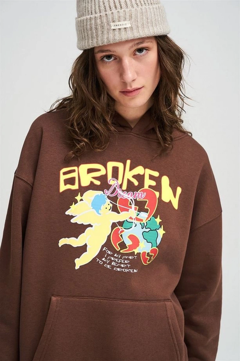 Unisex Broken Dreams Sweatshirt Hoodie Kahverengi