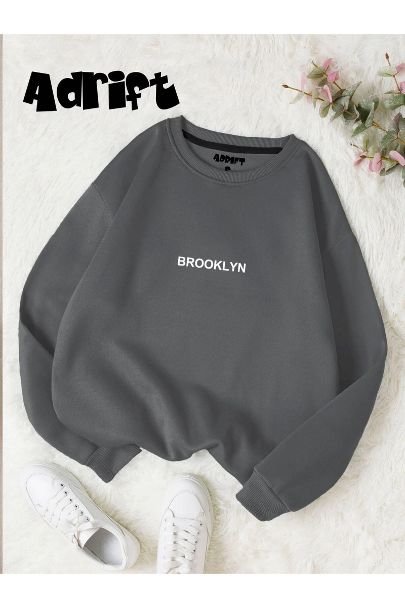 Unisex Brooklyn Baskılı Bisiklet Yaka Sweatshirt