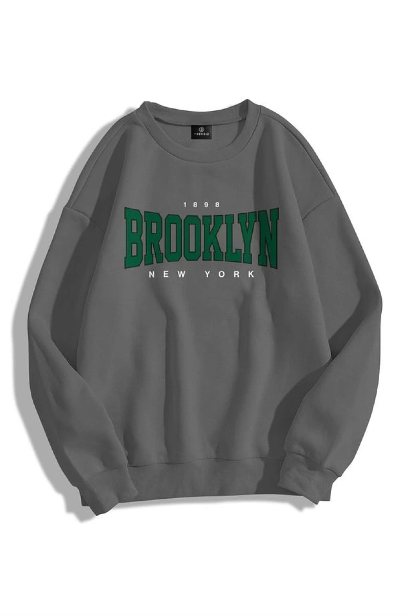 Unisex Brooklyn Bisiklet Yaka Sweatshirt Gri