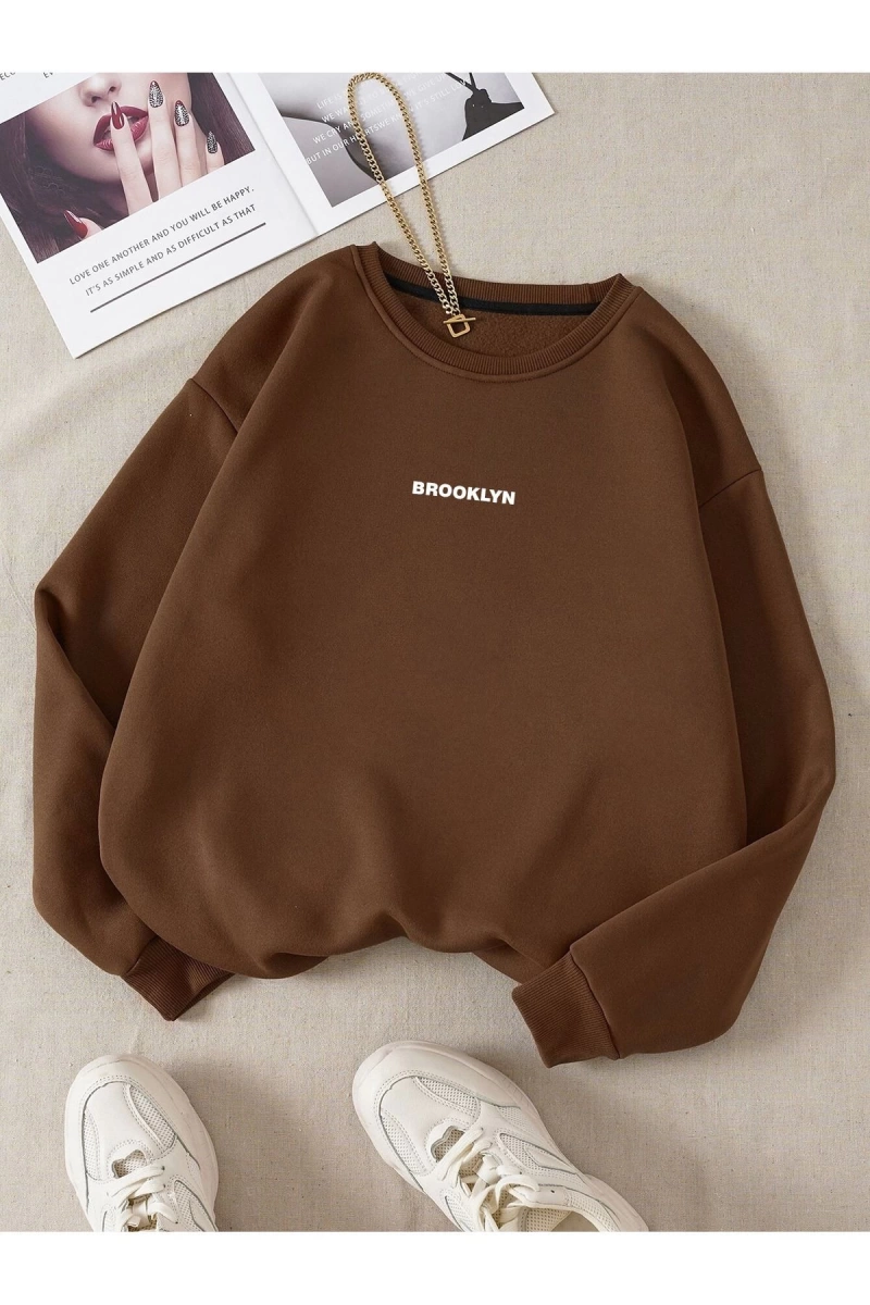 Unisex Brooklyn Özel Renkli Oversize Bisiklet Yaka Pamuklu Sweatshirt