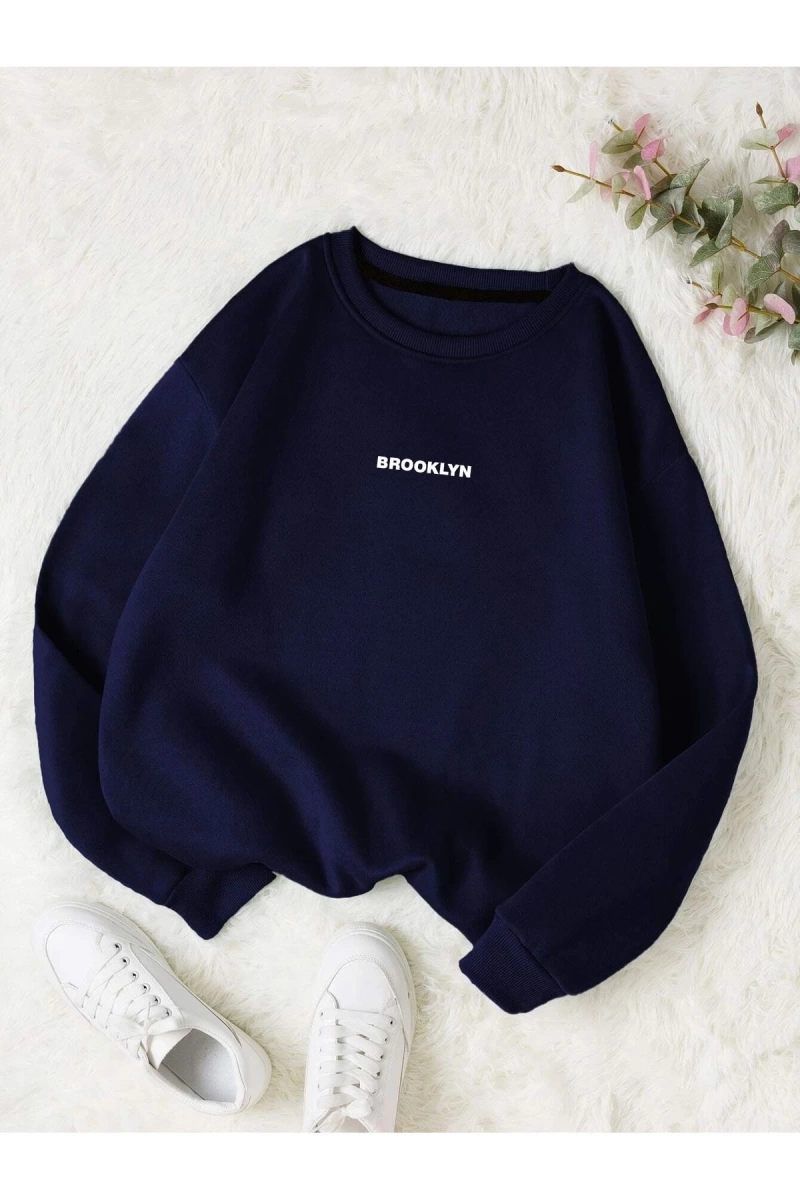 Unisex Brooklyn Özel Renkli Oversize Bisiklet Yaka Pamuklu Sweatshirt