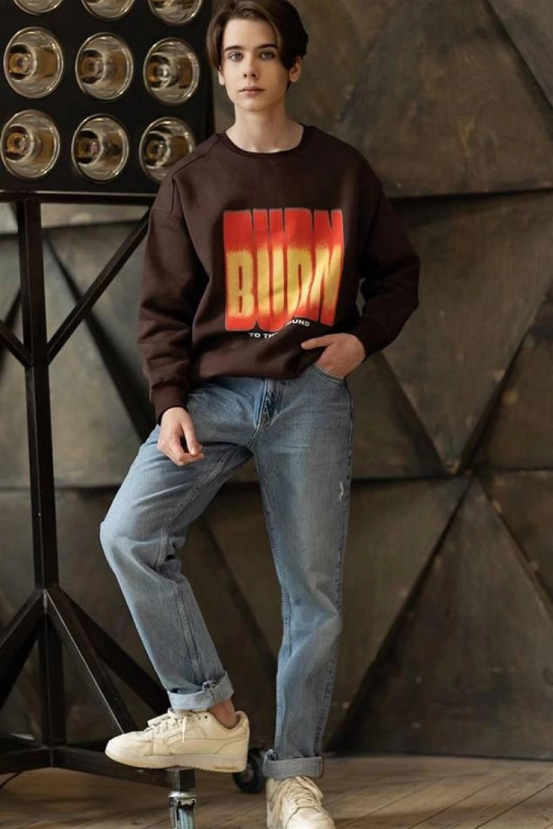 Unisex Burn Bisiklet Yaka Sweatshirt Kahverengi