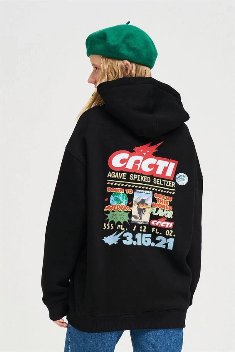 Unisex Cacti Sweatshirt Hoodie Siyah