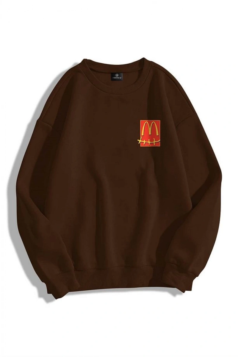 Unisex Cactus Pack Bisiklet Yaka Sweatshirt Kahverengi