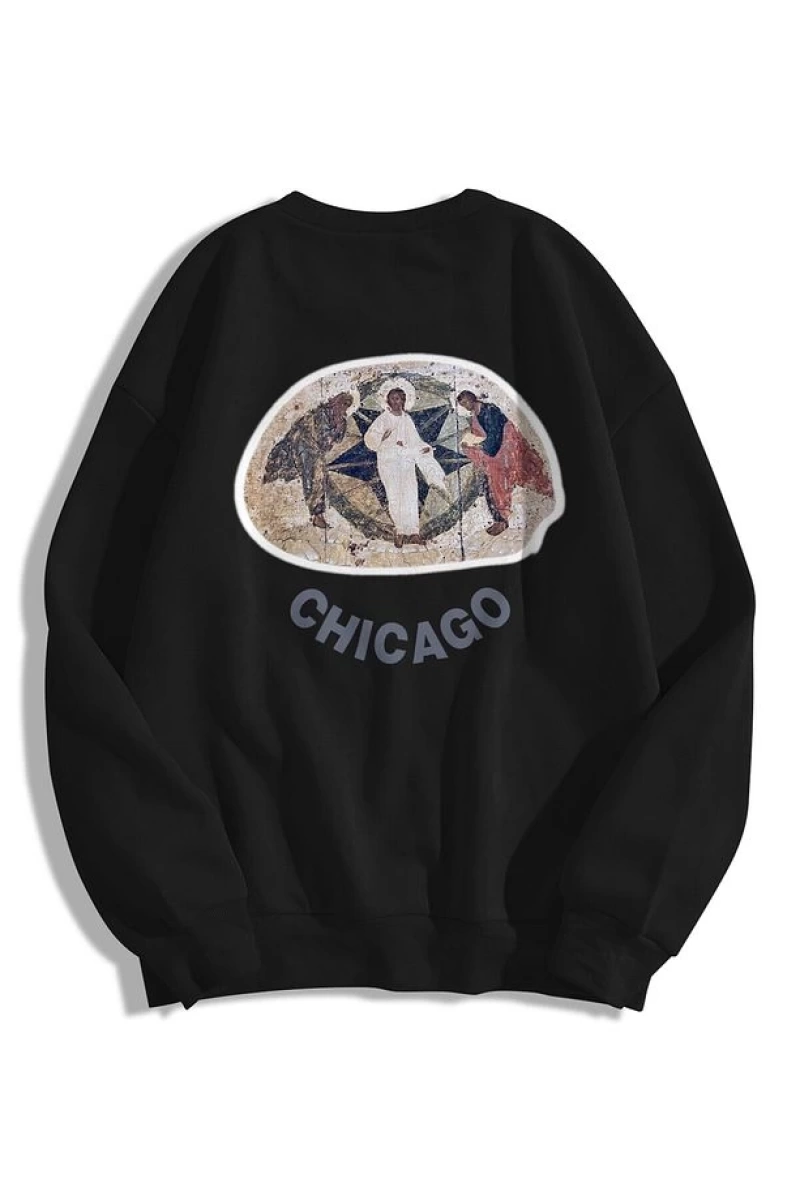 Unisex Chicago Jesus Is King Bisiklet Yaka Sweatshirt Siyah