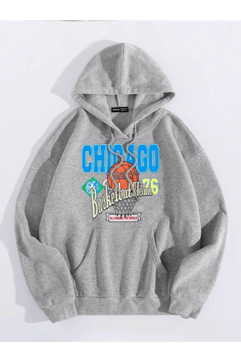 Unisex Chicago76 Baskılı Oversize Kapüşonlu Sweatshirt