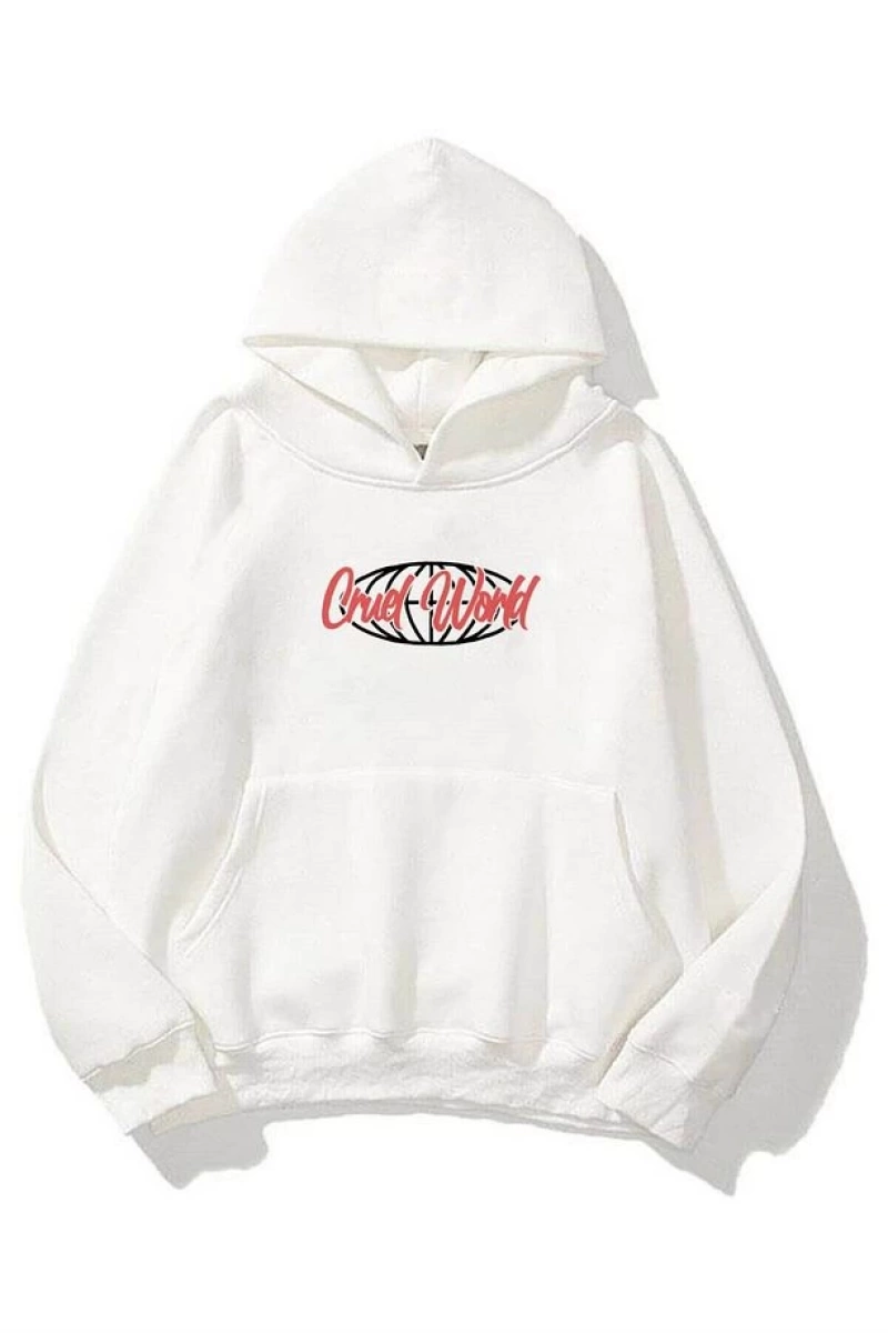 Unisex Cruel World Sweatshirt Hoodie Beyaz