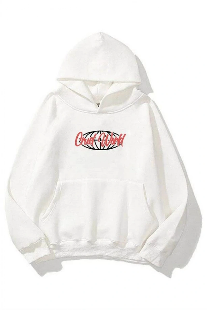 Unisex Cruel World Sweatshirt Hoodie Beyaz