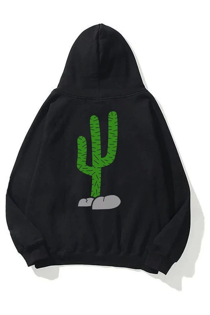 Unisex Dikenli Cactus Travis Scott Sweatshirt Hoodie Siyah