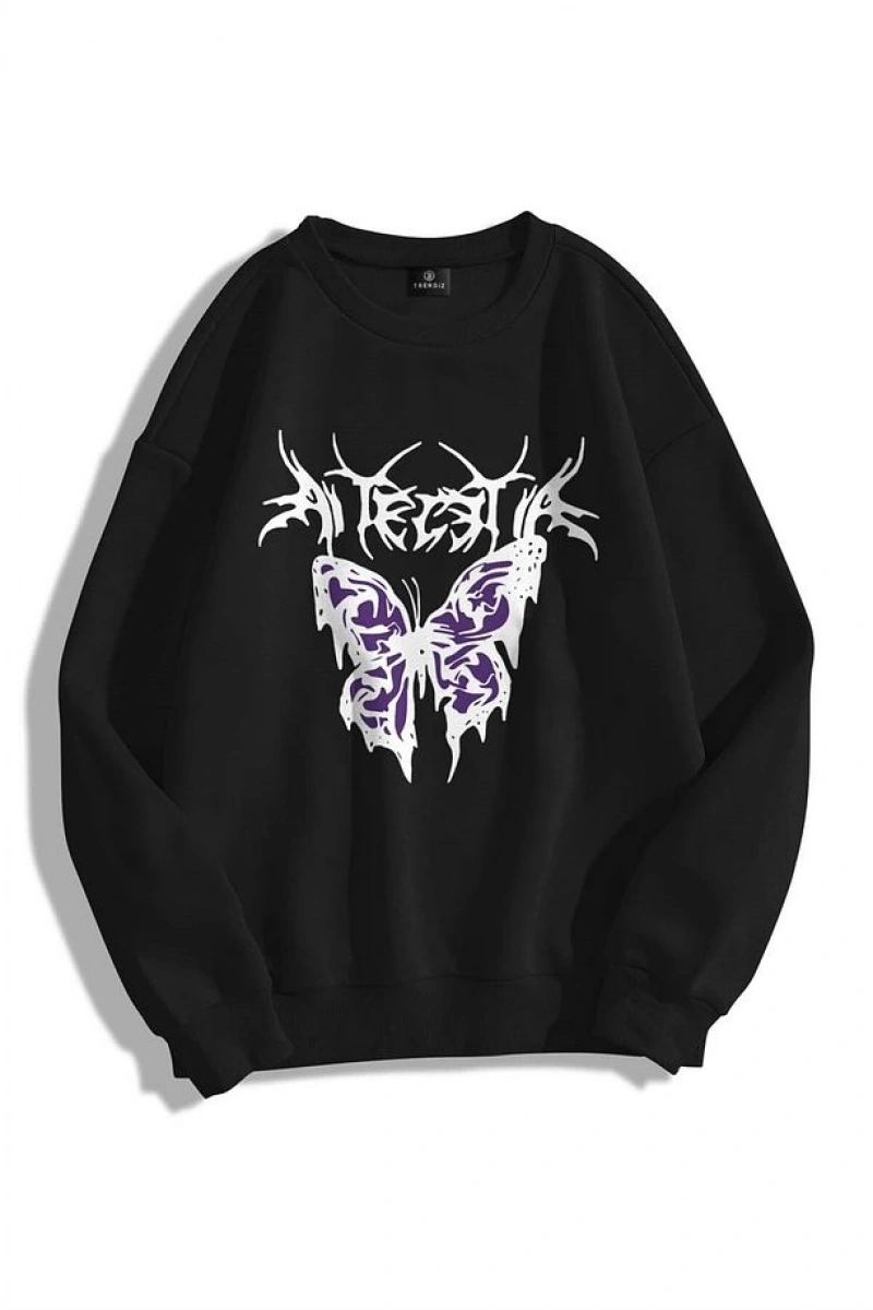 Unisex Eternal Butterfly Bisiklet Yaka Sweatshirt Siyah