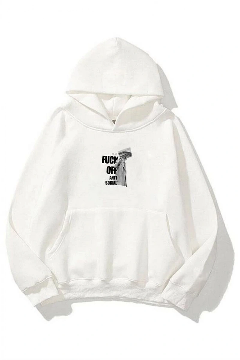 Unisex F Off Anti Social Sweatshirt Hoodie Beyaz