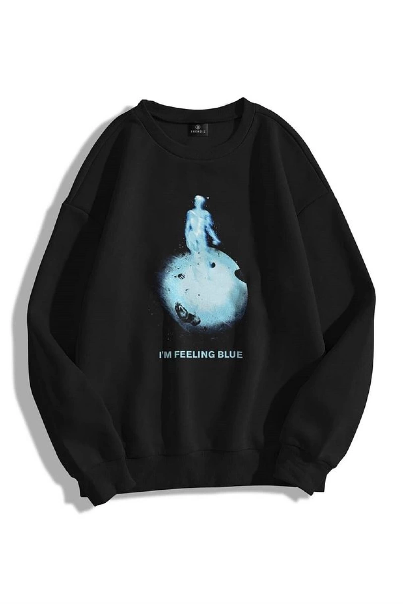 Unisex Feeling Blue Bisiklet Yaka Sweatshirt Siyah