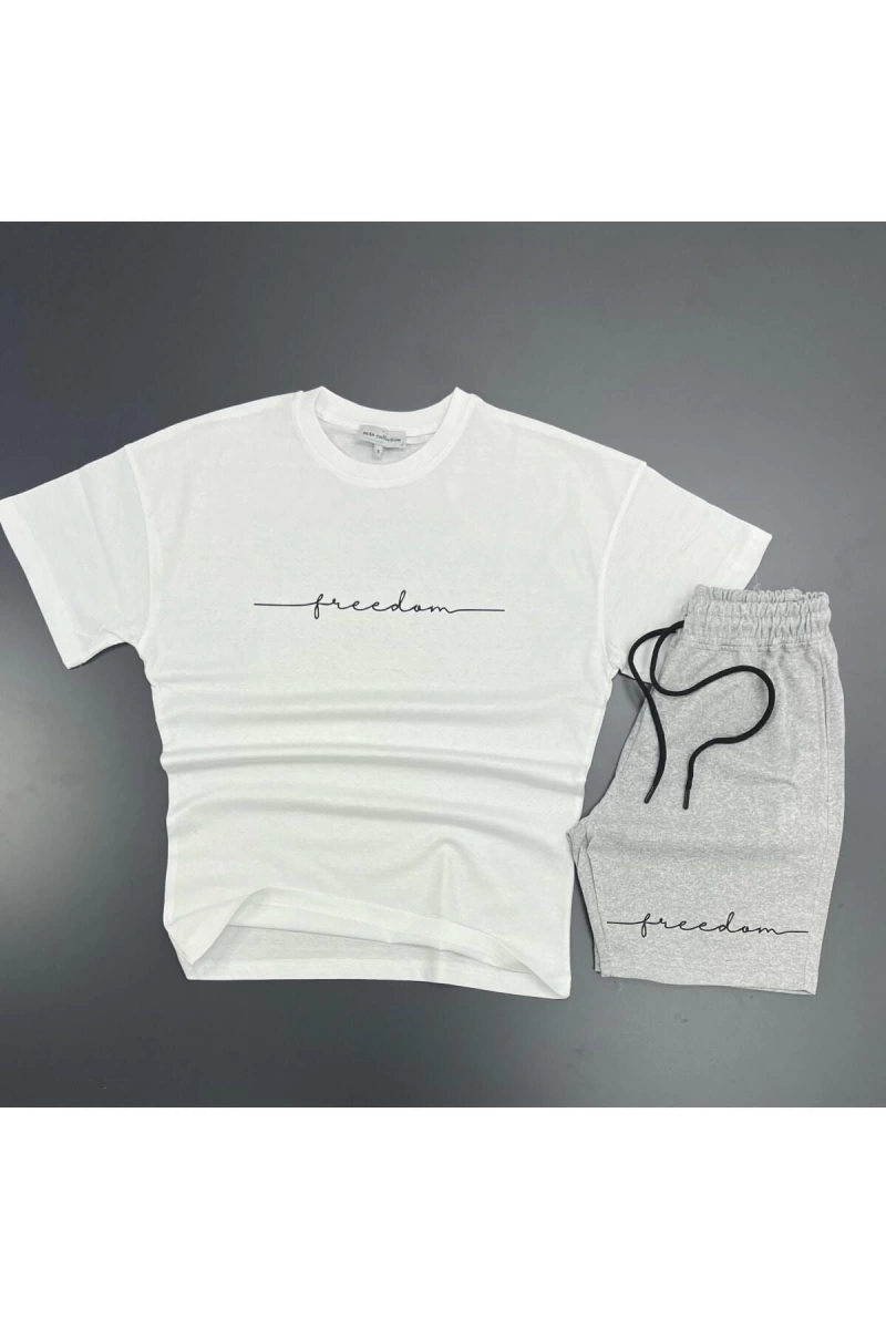 Unisex Freedom Baskılı Spor Eşofman Takımı Beyaz T-shirt / Gri Şort mdl-sportkm-
