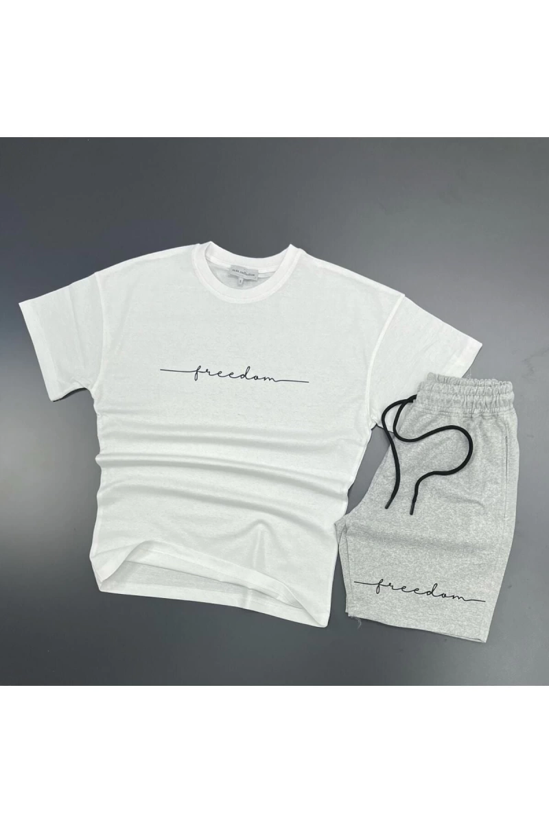 Unisex Freedom Baskılı Spor Eşofman Takımı Beyaz T-shirt / Gri Şort mdl-sportkm-