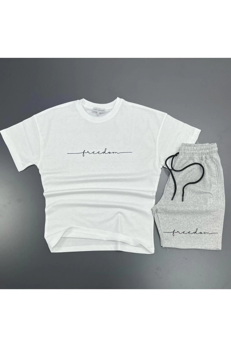 Unisex Freedom Baskılı Spor Eşofman Takımı Beyaz T-shirt / Gri Şort mdl-sportkm-
