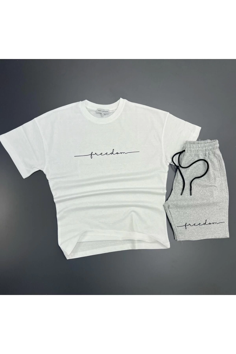 Unisex Freedom Baskılı Spor Eşofman Takımı Beyaz T-shirt / Gri Şort mdl-sportkm-