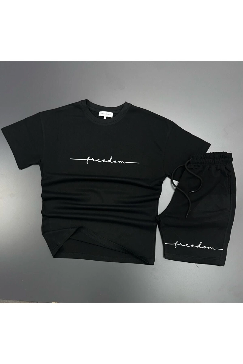 Unisex Freedom Baskılı Spor Eşofman Takımı Siyah T-shirt / Siyah Şort mdl-sportk