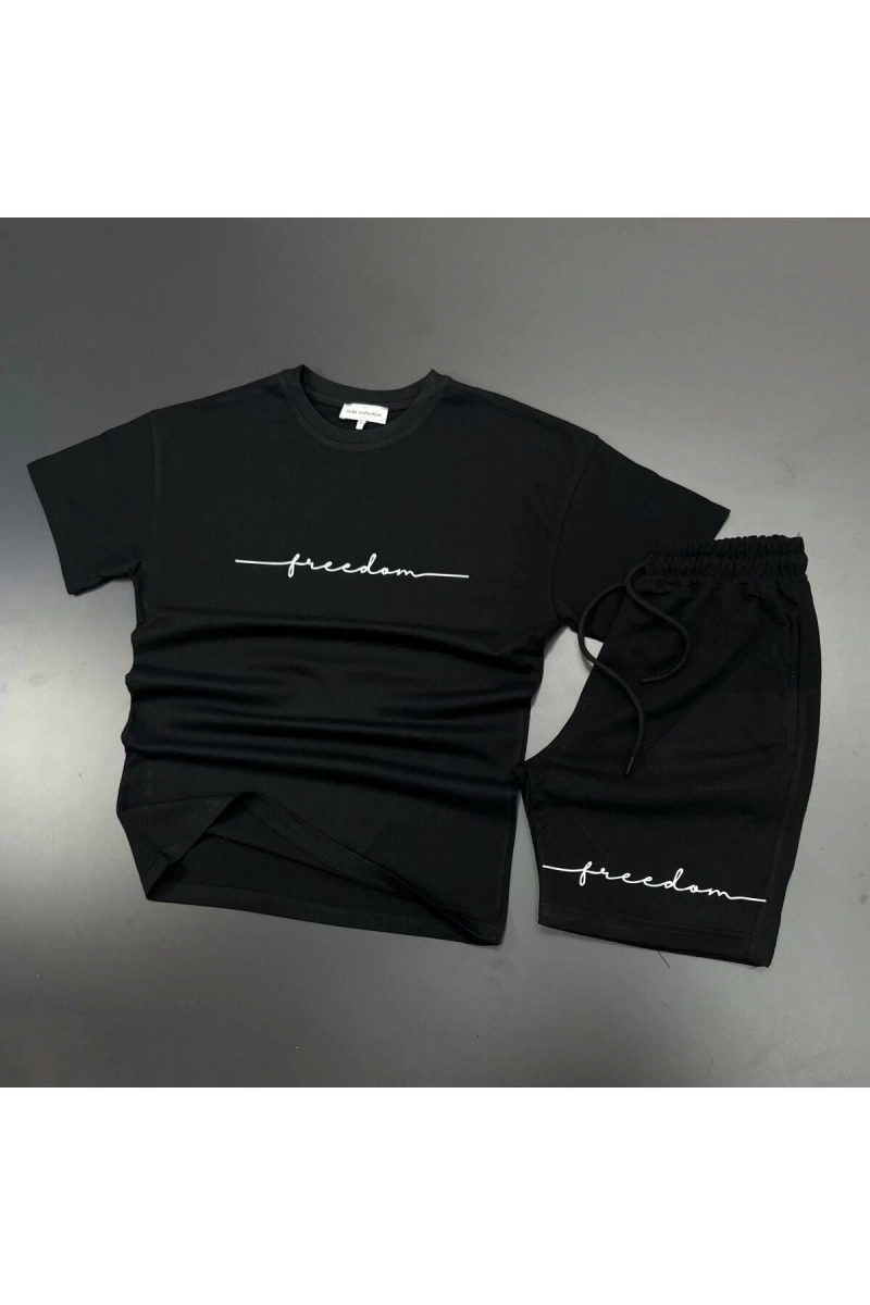 Unisex Freedom Baskılı Spor Eşofman Takımı Siyah T-shirt / Siyah Şort mdl-sportk