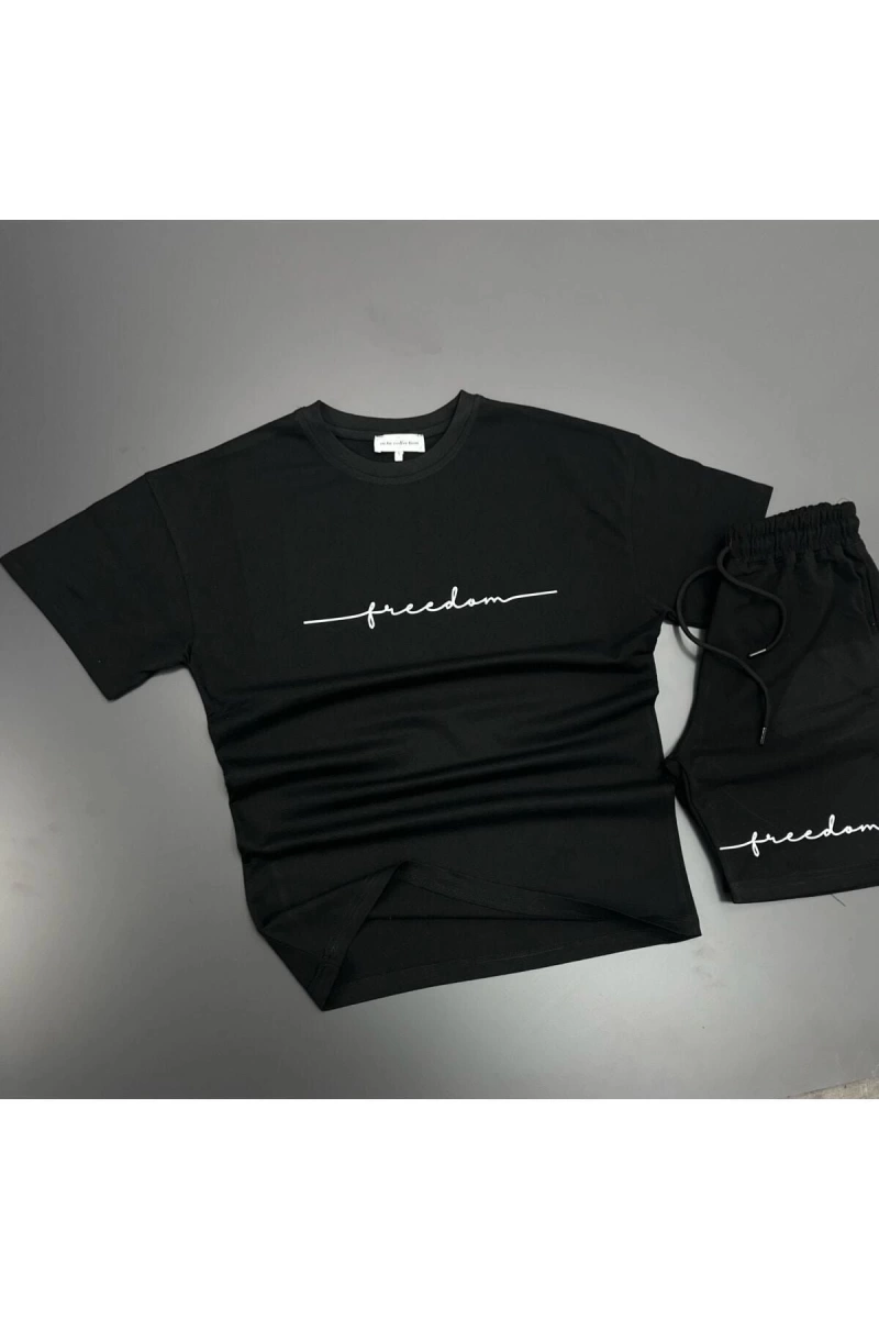 Unisex Freedom Baskılı Spor Eşofman Takımı Siyah T-shirt / Siyah Şort mdl-sportk