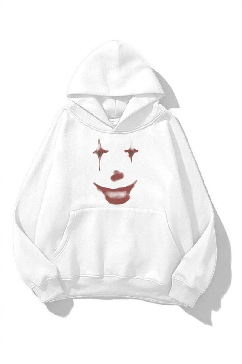 Unisex Fun Clown Sweatshirt Hoodie Beyaz