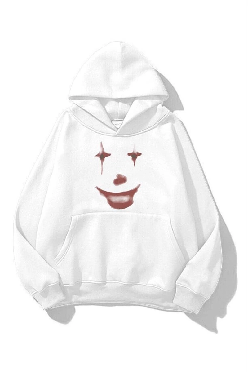 Unisex Fun Clown Sweatshirt Hoodie Beyaz