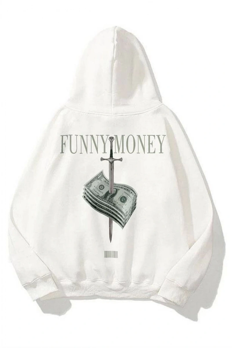 Unisex Funny Money Sweatshirt Hoodie Beyaz