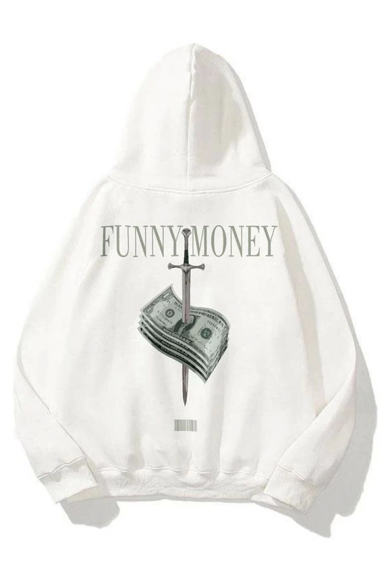 Unisex Funny Money Sweatshirt Hoodie Beyaz