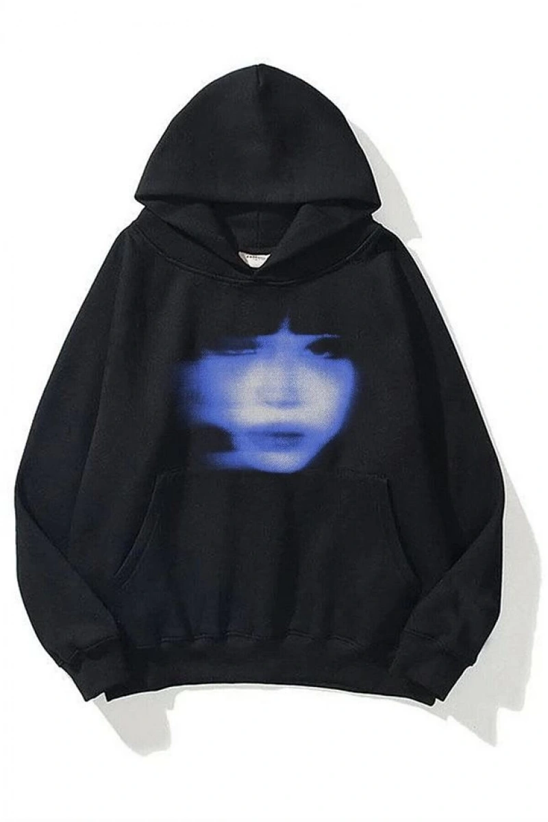 Unisex Girl Face Sweatshirt Hoodie Siyah