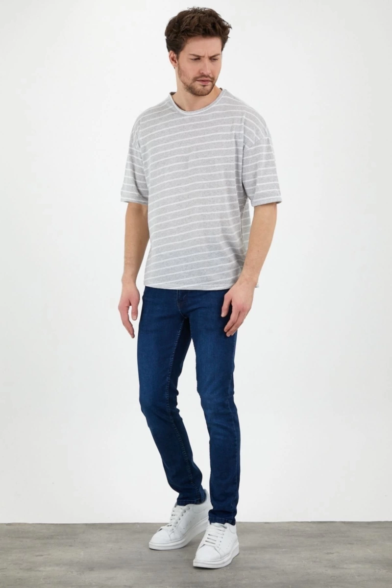 Unisex Gri Beyaz Çizgili Oversize Tshirt