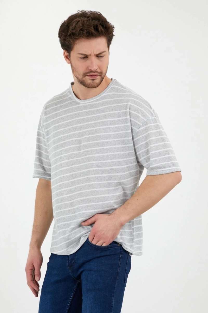 Unisex Gri Beyaz Çizgili Oversize Tshirt