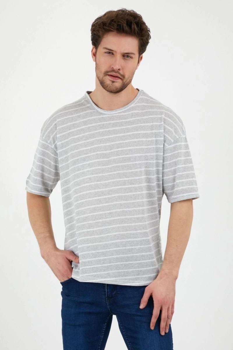 Unisex Gri Beyaz Çizgili Oversize Tshirt