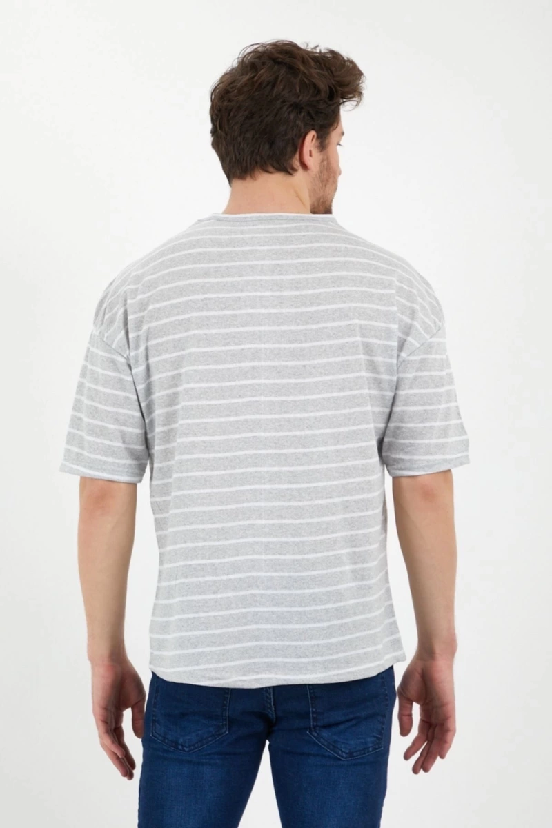 Unisex Gri Beyaz Çizgili Oversize Tshirt