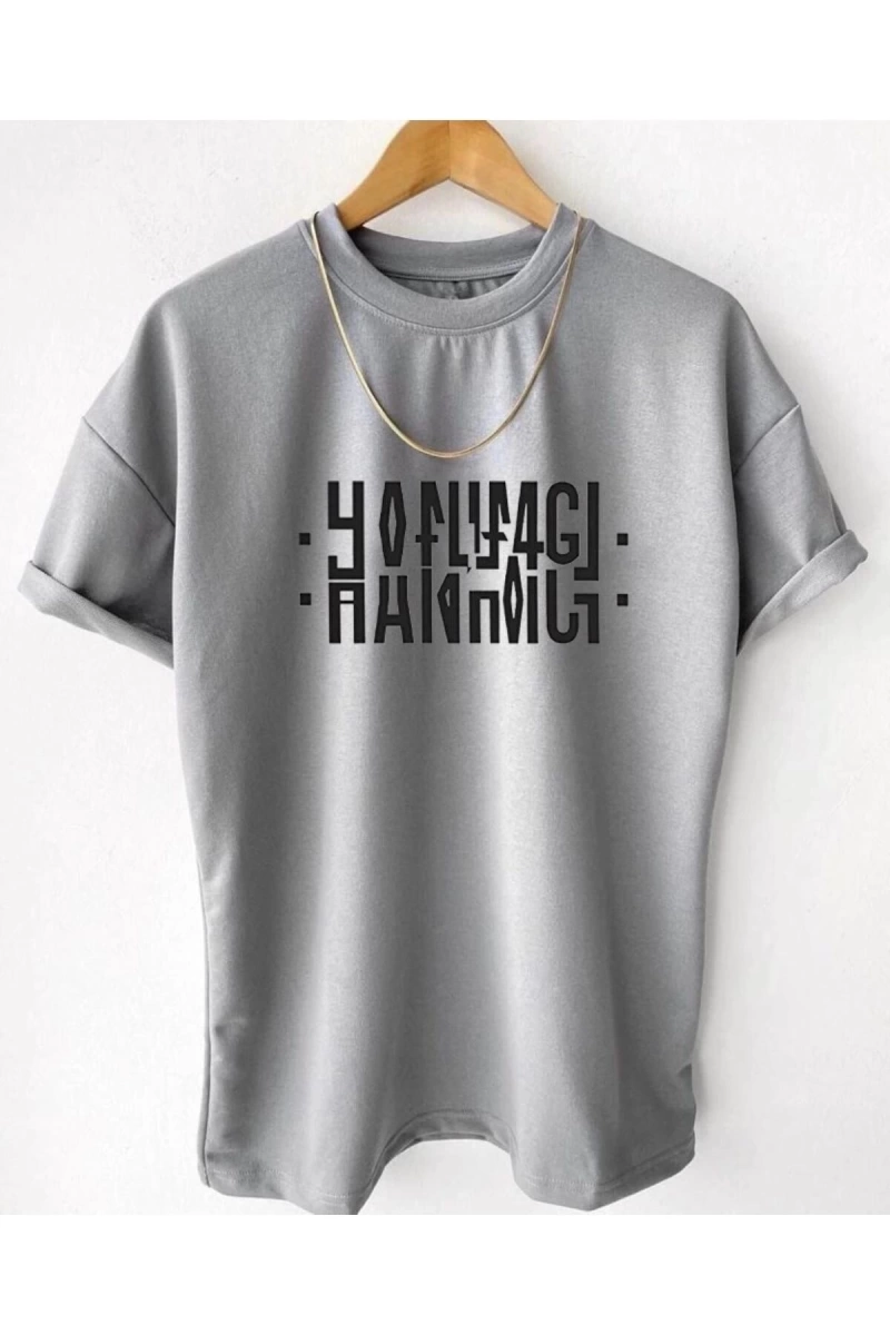 Unisex Gri Hanımcı Baskılı Katlamalı Bisiklet Yaka Tişört