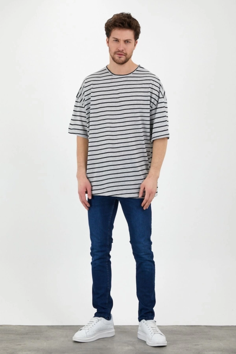 Unisex Gri Siyah Çizgili Oversize Tshirt