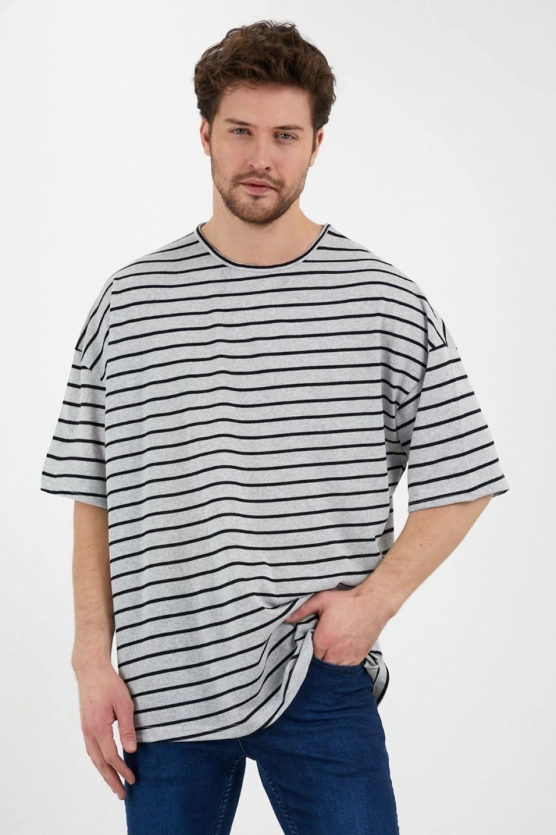 Unisex Gri Siyah Çizgili Oversize Tshirt