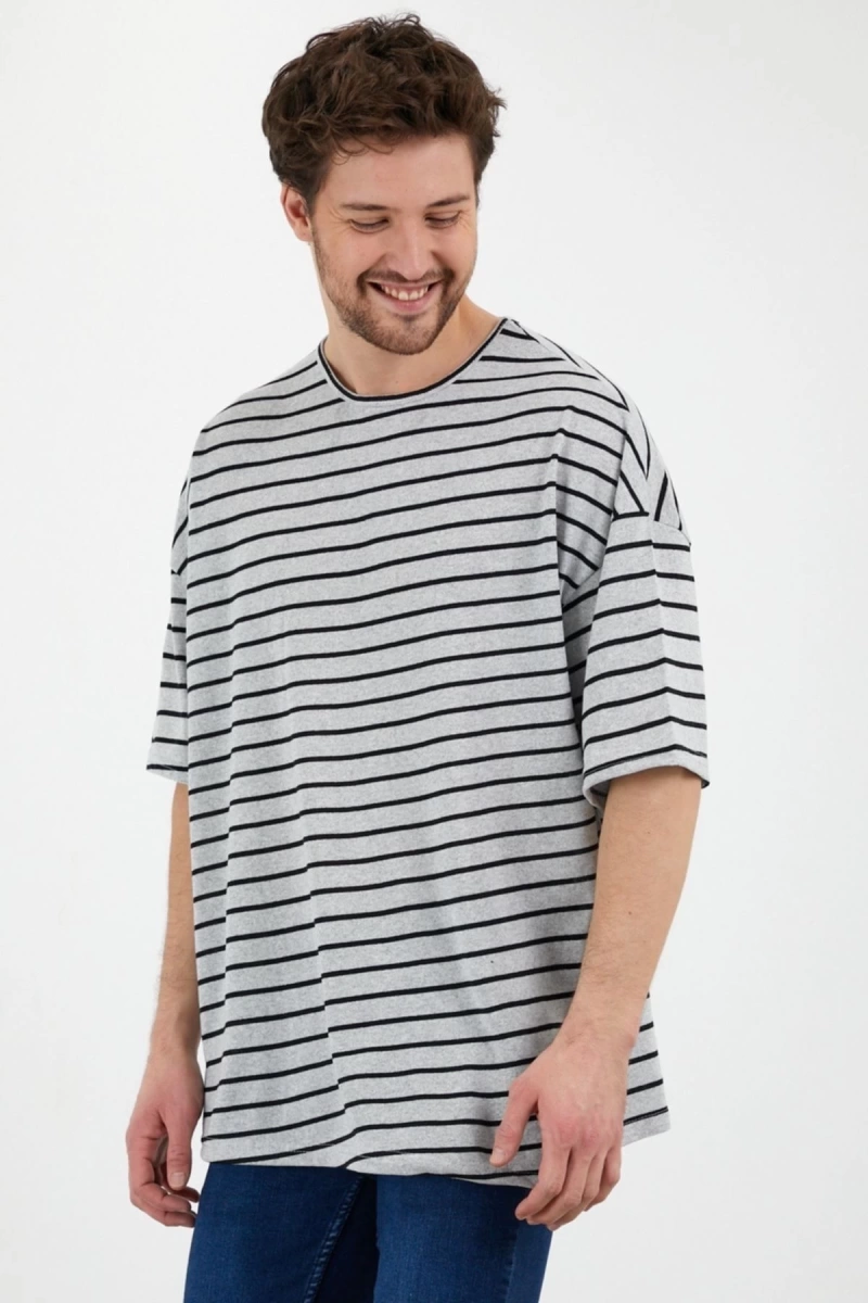 Unisex Gri Siyah Çizgili Oversize Tshirt