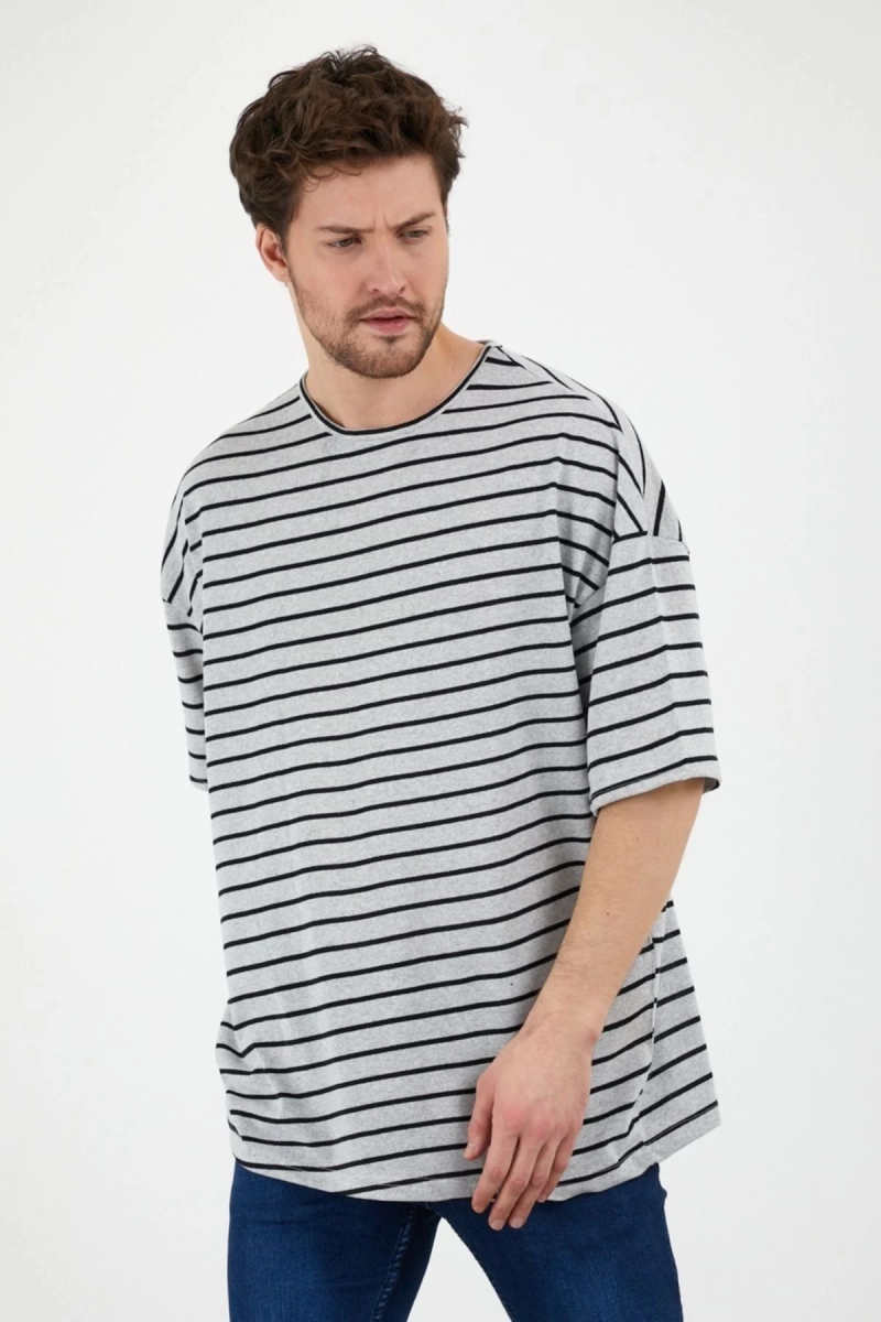 Unisex Gri Siyah Çizgili Oversize Tshirt