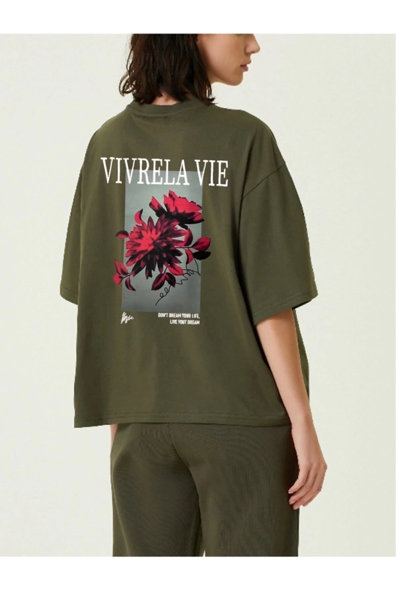 Unisex Haki Vivre La Vie Baskılı Oversize Bisiklet Yaka Penye Tişört